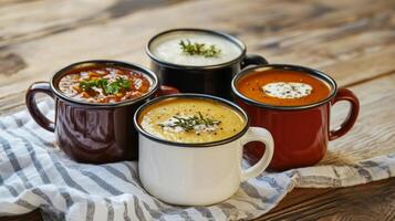 Hearty selection of colorful soups served in rustic mugs on a wooden table with a striped cloth photo