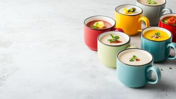 Colorful assortment of cups filled with different creamy beverages arranged on a light background photo