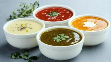 Colorful assortment of four flavorful soups served in white bowls on a gray surface photo
