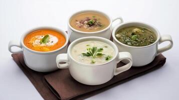 Delicious variety of gourmet soups served in elegant white bowls on a cloth napkin photo