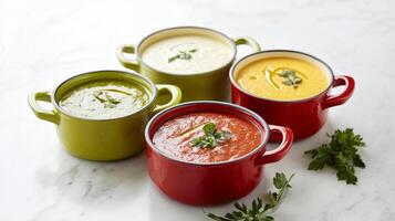 Colorful variety of fresh soups served in small pots on a marble countertop at a cozy kitchen setting photo