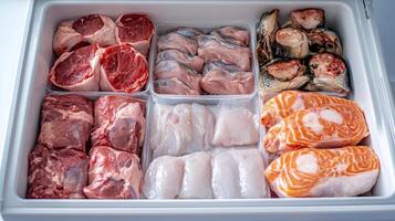 Selection of various meats and fish arranged neatly in a freezer photo