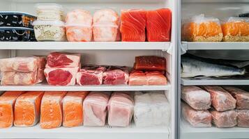 Fresh seafood and meat displayed neatly in a commercial refrigerator at a market or grocery store photo