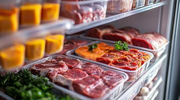 Fresh cuts of meat and colorful ingredients displayed in a well-organized refrigerator photo
