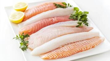 Fresh fish fillets arranged neatly on a platter with garnishes and lemon slices ready for cooking or serving photo