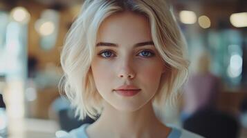 Young woman with short blonde hair and blue eyes in a modern indoor setting during daylight photo