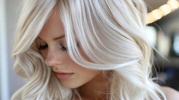 Beautiful blonde woman with wavy hair showcasing a soft and natural look in a bright indoor setting photo