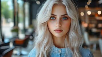 Young woman with striking blue eyes posing indoors in a modern cafe during daylight hours photo