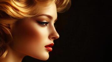 Elegant profile of a woman with glamorous hairstyle and striking makeup in soft lighting photo