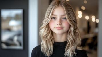 Young girl with wavy blonde hair poses confidently indoors in a modern setting with soft lighting photo