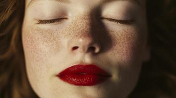 Young woman with striking red lips and freckles relaxing with eyes closed in natural light photo
