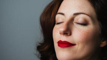 Woman with closed eyes exudes serenity and elegance in a tranquil setting with soft lighting photo