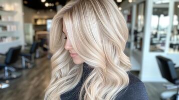 Beautiful blonde hairstyle showcasing long, wavy locks in a modern salon setting with bright lighting photo