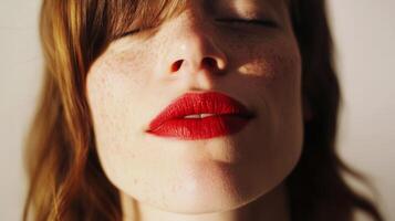 Close-up of a woman with defined features and vibrant red lips during morning light photo