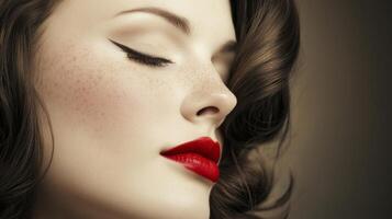 Elegant woman with vintage makeup and flawless complexion posing gracefully in soft lighting photo