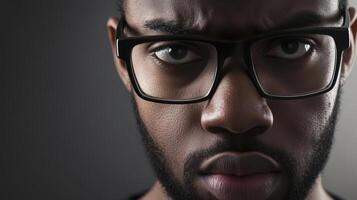 Serious expression of a man with glasses, emphasizing focus and intensity in a dark setting photo