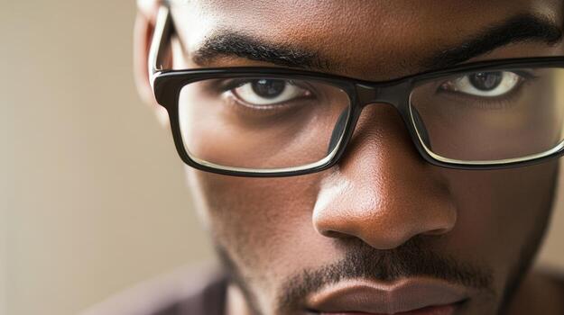 Close-up of a man in glasses with a serious expression, showcasing focused eyes and textured skin photo