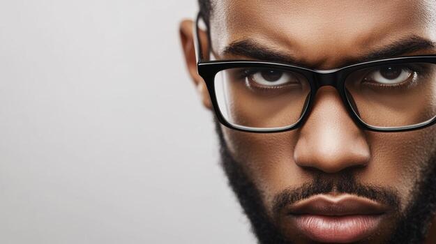 Intense gaze of a man with glasses showcases deep focus and determination in a minimalist backdrop photo