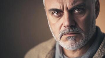 Mature man with grey beard and intense expression poses against subtle background in a creative studio setting photo