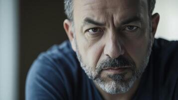 Intense expression of a man with a beard in a dimly lit room during the late afternoon photo