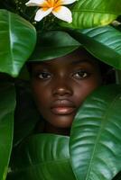 Woman surrounded by lush green leaves with a serene expression in a tropical garden photo