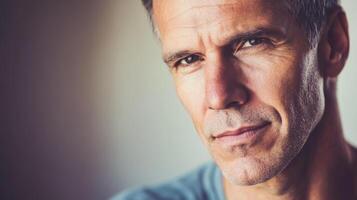 Mature man with confident expression looks directly at the viewer in soft natural light indoors photo