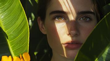 Young woman with striking green eyes surrounded by tropical leaves at midday in a vibrant garden photo