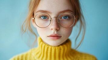 Portrait of a young girl wearing glasses and a yellow sweater against a blue background photo