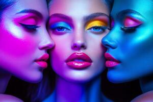 Three models showcase vibrant makeup with striking colors and artistic lighting in a close-up portrait photo