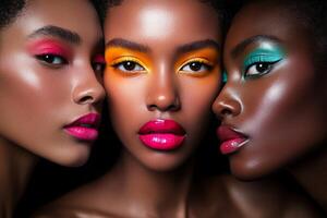 Three diverse models showcase vibrant makeup artistry with bold colors and sleek lips during a photoshoot photo