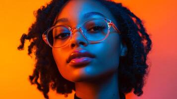 Portrait of a young woman with natural curls and glasses against a vibrant colored backdrop in a creative studio setting photo