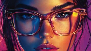 Close-up portrait of a woman with stylish glasses and vibrant lighting photo