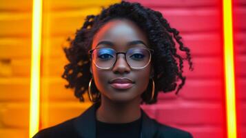 Confident woman with glasses poses against vibrant colorful background in urban setting photo