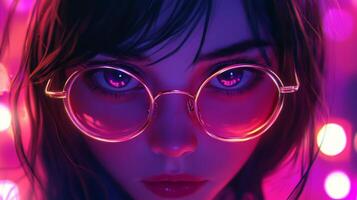 Woman with round glasses and vivid lighting in a colorful setting expressing deep emotions photo