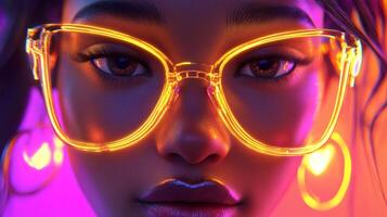Bright neon glasses highlight a youthful face with expressive eyes at a vibrant urban event photo