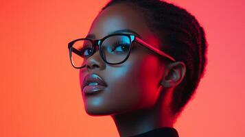 Portrait of a young woman with glasses showcasing vibrant colors in urban setting during evening photo