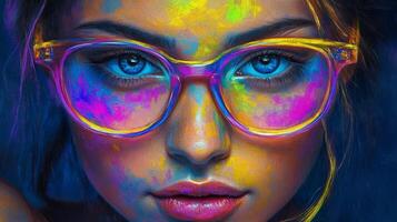 Portrait of a young woman with colorful artistic makeup and vibrant glasses during a modern artistic expression event photo
