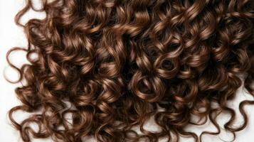 Curly brown hair displayed on a light background showcasing beautiful ringlets and texture photo