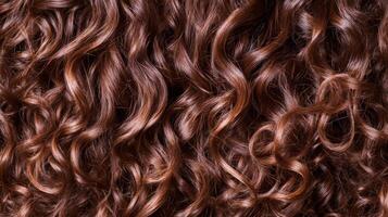 Curly brown hair texture close-up showcases vibrant waves and natural curls in soft lighting photo