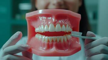 Demonstration of teeth brushing techniques using a dental model in a clinical setting photo