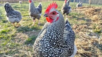 Beautiful speckled chicken forages on a farm during daylight surrounded by other chickens in the background photo