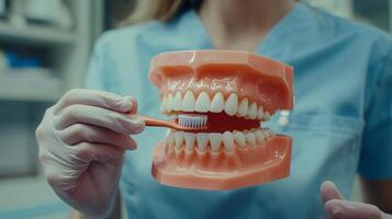 Dental professional demonstrates proper brushing technique using a dental model in a clinic environment during a patient education session photo