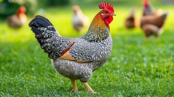 Unique rooster with colorful plumage stands proudly on lush grass in a countryside farm during daylight photo