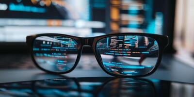 Innovative technology displayed through computer code reflected in stylish glasses on a working desk photo