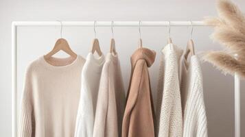 Cozy sweaters displayed on a hanger rack in neutral tones for a stylish fall wardrobe photo