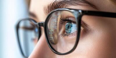 Close-up view of a person's eye behind glasses reflecting digital code while focused on a screen in a modern workspace photo