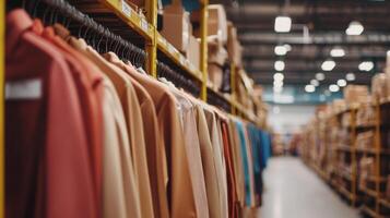 Clothing racks filled with various garments in a large warehouse setting during the daytime photo