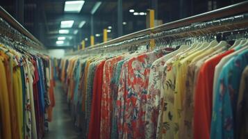 Colorful assortment of dresses displayed in a fashion warehouse in a bustling city during the afternoon photo