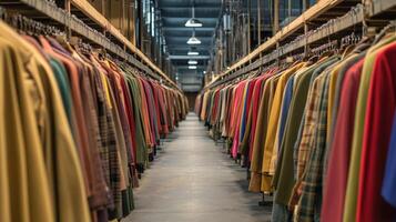 Colorful garments lined in a vast warehouse creating a vibrant corridor of fabric photo