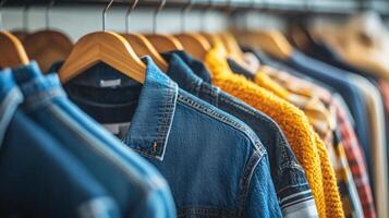 Colorful clothing rack showcasing various styles and textures of shirts and jackets in a retail store setting photo